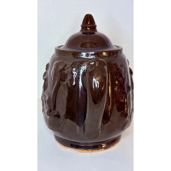 Rockingham Teapot-Rebecca at the Well Relief Raised Clay Brown Glaze Antique 7" - Picture 3 of 16